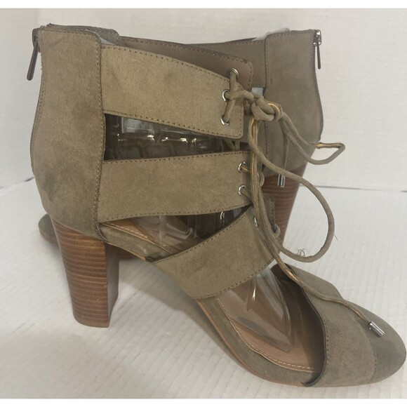 Torrid Sandals Women’s 11.5W Olive Faux Suede Open Toe Lace Up Block Heel Zip Up - Picture 6 of 15